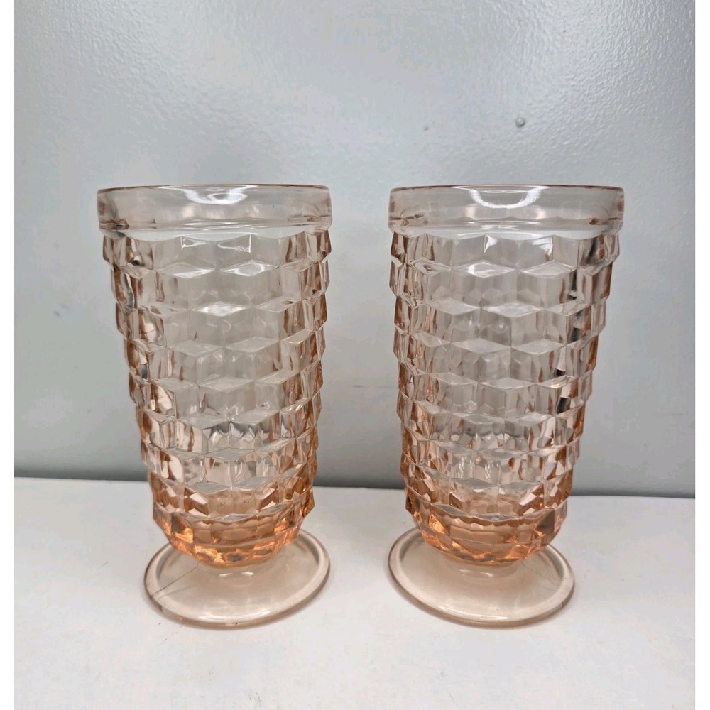 Vtg Pink Cubist 6" Footed Tumblers, Indiana Glass Whitehall Colony, Set of 2